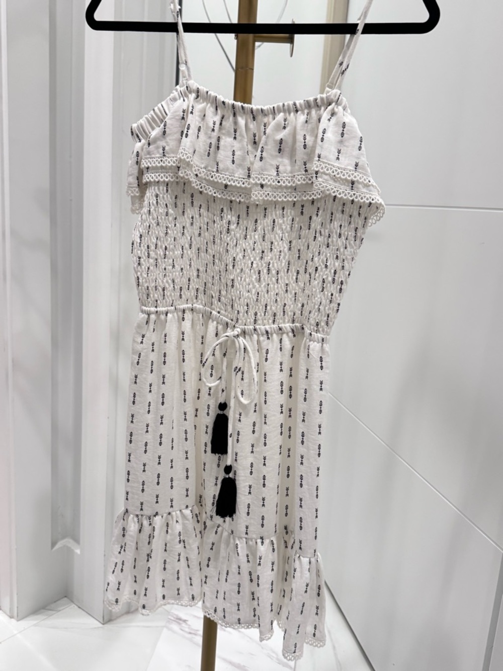 Lost + Wander White Mini Sundress with Black Tassels, Small